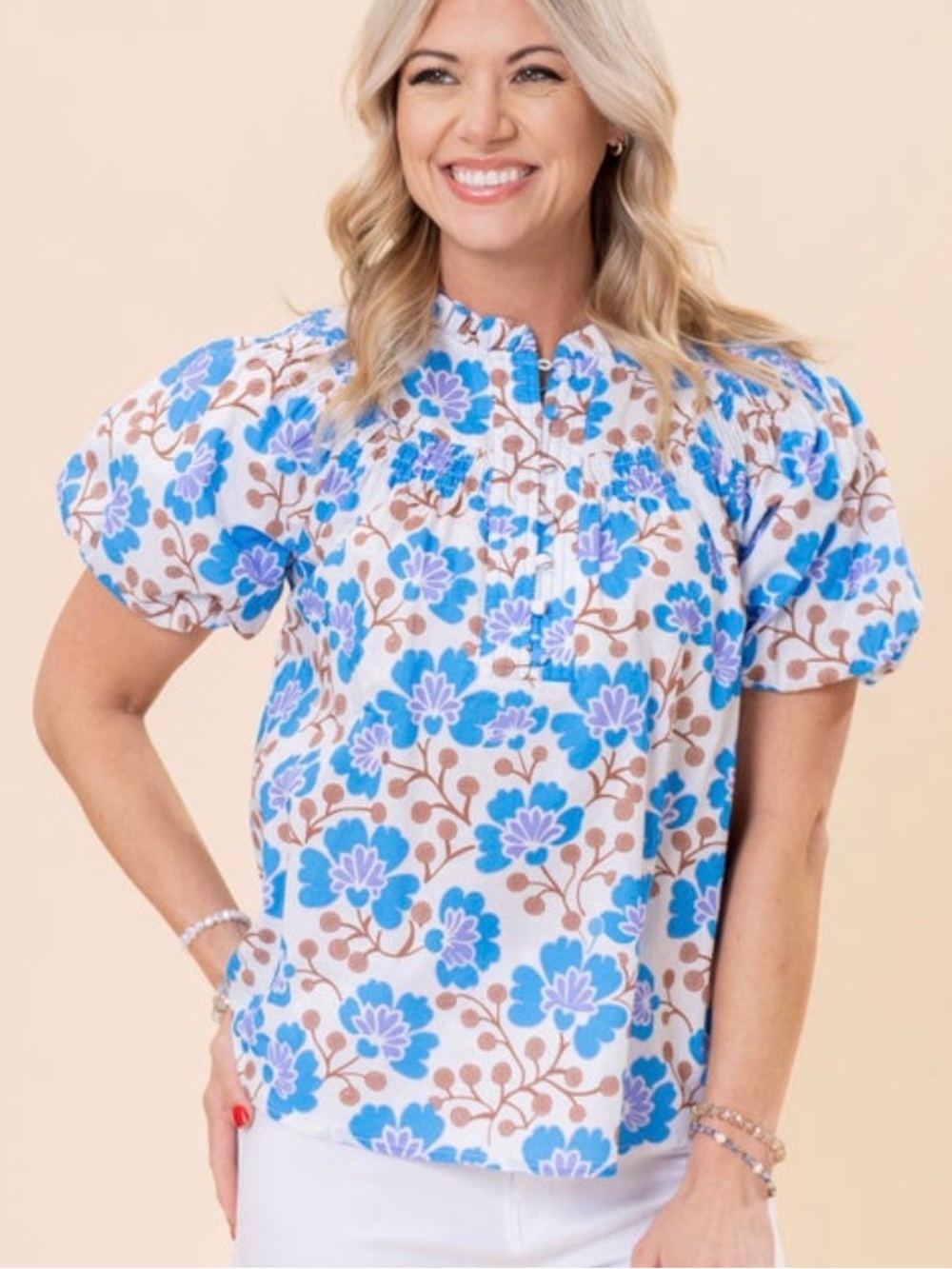Gigio Blue Floral Short Puff-Sleeve Top NWT
